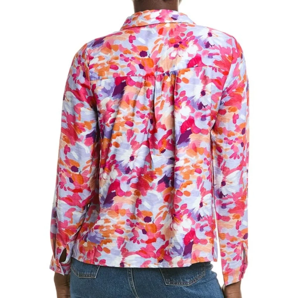 ANNA KAY Button Front Blouse Top Long Sleeve Spread Collar Abstract Print Blue L - Picture 7 of 11